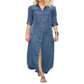 Ingvn Women's Summer Solid Color Casual Pocket Denim Long Dress Fashionable Flip Collar Button Long Sleeve Denim Loose Long Dress