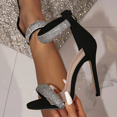 Ingvn Glitter Rhinestones Ankle Wrap Zip Sandal Women Summer Fashion Open Toe Stripper Heels Party Dress Shoes Black