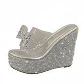Ingvn PVC Transparent Women Platform Slipper Fashion Crystal Rhinestone Bowknot High Heels Wedge Sandals Summer Party Dress Shoe