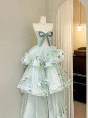 Ingvn French Style Elegant Princess Strapless Evening Dress 3D Flowers Bow High Waist Mesh Puffy Birthday Party Dress for Women
