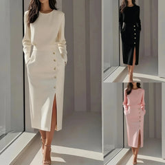 Ingvn Solid Color Long Sleeves Pocket Button Decorated Slit Midi Dress