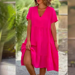 Ingvn New European and American Summer Women's Clothing Fresh and Sweet V-neck Solid Color Large Sway Casual Skirt Dress