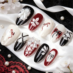 Ingvn 24Pcs Gothic Dark Red Press on False Nails Y2k Reusable Almond Nails Set with Silver Ripples Pattern Cool Fake Finger Nail Tip