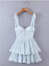 Ingvn Sweet Pink Flower Print V Collar Sling Dress Women Corset Style Low Waist Folds Hem Ball Gown Swing Short Dresses Mini Tank Robe