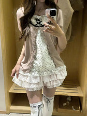Ingvn American Style Vintage 2 Piece Set Woman Sweet Girl Fake Two Short Sleeved Tops Casual Lace Mini Skirt Chic
