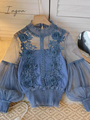 Ingvn - spring Women Mesh Tops Fashion Sexy Sheer Lace Blouse Lantern Sleeve 3D Floral Blouses Shirts Elegant Top Blusas Femininas