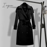 Ingvn - Women Trench Coat Solid Double Breasted Trench Autumn Winter Elegant Vintage Turn-down Collar Warm Windproof Trench with Belt