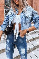 Ingvn - Street Punk Solid Rivets Turndown Collar Long Sleeve Loose Denim Jacket