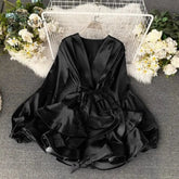 Ingvn - White Party Evening Dress for New Year Women Satin Silk Mini Long Lantern Sleeve Elegant Short Casual Dresses