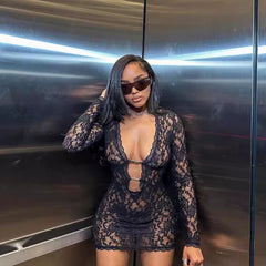 European and American Solid Color Lace Sexy Low Neck Hollow Long Sleeve Hip Skirt Women's Slim-fit dress Summer