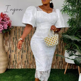 Ingvn - Women's Elegant Floral Lace Bodycon Dress Short Sleeve Square Neck V Back Midi Length Wedding Guest Party Cocktail Dress XXXL