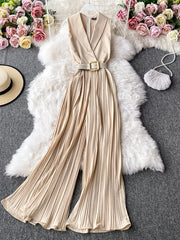Ingvn - Vintage Notched Collar Draped Rompers For Women Casual Sleeveless High Waist Wide Leg Playsuits Female Beige/Green Jumpsuit
