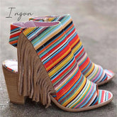 Ingvn - Peep Toe Chunky Heel Zipper Stripe Sandals