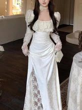 Elegant Lace Sleeve Long Dress for Women Chic Square Neck Retro Spliced Strappy Pleated Ruffle Party Prom One Piece Mujer Autumn