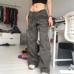 Voguable Fashion American Trousers High Street Retro Gray Cargo Pants Woman Sexy Low Waist Baggy Pants Casual Trousers Streetwear