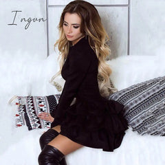 Ingvn - BornToGirl Woman Vintage Dress Spring Autumn Winter Women's Long Sleeve Black Brown Sky Blue Suede Dress robe femme