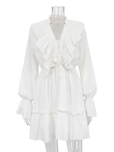 Ingvn Fashion V-neck Ruffles White Short Dress Streetwear Woman Autumn High Waist Bandage Tunics A-line Party Dresses Female
