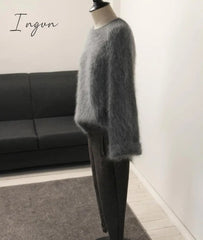 Ingvn - high quality winter outfits aesthetic New Winter Women's Thickened Round-Neck Mohair Pullover Sweater Pure Color Female Loose Knitwear Long Sleeve Asymmetry Knit Top