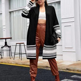Women's Plus Size Long Casual Colorblock Knit High Stretch Sweater Cardigan