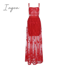 Ingvn - High Quality Red White Black Lace Sleeveless Hollow Out Long Rayon Bandage Dress Evening Party Elegant Dress