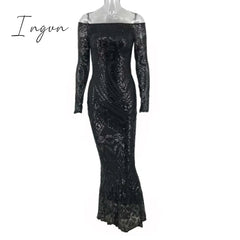 Ingvn - Slash Neck Slim Lace Fishtail Dress Party Women Elegant Long Sleeve Embroidered White Dresses Woman Evening Bride Smaid Vestidos