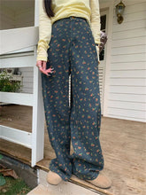 Ingvn Women's Retro Floral Pattern High Waisted Wide Leg Jeans Summer Cool Girl Bottoms Thin Pants Female Printed Baggy Denim Trousers