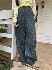 Ingvn Women's Retro Floral Pattern High Waisted Wide Leg Jeans Summer Cool Girl Bottoms Thin Pants Female Printed Baggy Denim Trousers