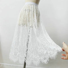 2 Length Elegant Black Skirt White Lace Transparent Long Tulle Skirt Ladies Elastic High Waist Beach Midi Skirt