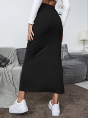 Feminine Solid High Waist Split Midi Skirt - Flattering Bodycon Pencil Silhouette, Casual Everyday Wear for Women, Chic Midi Length with Trendy Split Detail, Comfortable High Waist Design