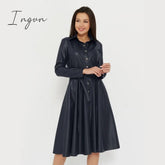 Ingvn - Winter Casual Sashes Pu Leather A-Line Dresses Women Turn-down Collar Long Sleeve Solid Color Knee Dress Office Lady Wear