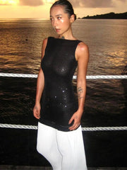 Ingvn Autumn New in Backless Sequins Patchwork Long Party Dress Women's Sexy O-neck Sleeveless Bodycon Tank Dresses Streetwear