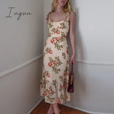 Ingvn - Dresses For Women Elegant Vintage Floral Dress Frill Sweetheart Neck Sleeveless Strap Tie Ruffle Hem Summer Beach Dress