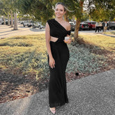 Sexy Sleeveless Hollow Out Pleated Patchwork Maxi Dress For Women High Waist Off-shoulder Slim Club Party Long Dress