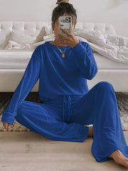 Cozy Women's Solid Lounge Set - Soft Long Sleeve Round Neck Top & Elastic Drawstring Pants for Ultimate Comfort - Perfect Relaxed Fit for Fall and Winter Seasons
