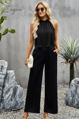 Ingvn - Grecian Neck Sleeveless Pocketed Top and Pants Set