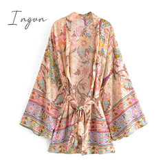 Ingvn - Vintage Peacock Floral Print Sashes Bohemian Kimono Women V Neck Batwing Sleeves Short Robe Boho Bikini Cover-ups
