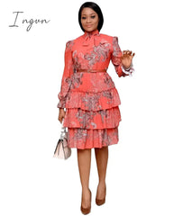 Ingvn - Women Printed Dresses Long Sleeves Bowtie Cake Dress Female Ruffles Pleated Africn Fashion Lovely Date Sweet Vestidos Plus Size