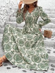 Paisley Print V Neck A-line Dress, Elegant Cinched Long Lantern Sleeve Dress For Spring & Fall, Women's Clothing