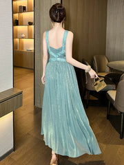 Elegant Host Evening Dress Women's French Hanging Neck Shiny Silk Satin Backless Waist Large Swing Robe Party Catwalk Vestidos