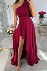 Ingvn - Casual Simplicity Solid Asymmetrical With Bow Oblique Collar Irregular Dress Dresses