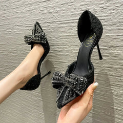 Ingvn Luxury Pearl Crystal Bowtie White Wedding Shoes Women Spring Brand Designer High Heels Pumps Woman Thin Heeled Party Shoes