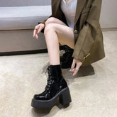 Spring Autumn Women Ankle Boots Waterproof Platform Lace Up Thick Heel Short Boots Fashion 9cm High Heel Leather Botas for Women
