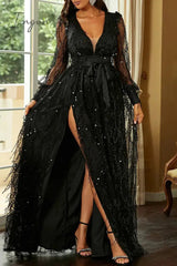 Ingvn - Elegant Formal Print Tassel Sequins High Opening V Neck Evening Dress Dresses