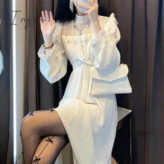 Ingvn - French Lace Vintage Dress Women Fashion Puffer Sleeve Elegant One Piece Dress Korean Spring High Street Slim Midi Dress Y2k