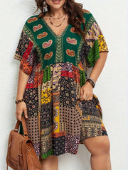 Plus Size Floral Print Dress, Casual Short Sleeve V Neck Dress For Spring & Summer, Women's Plus Size Clothing