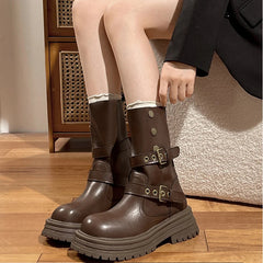 Ingvn Vintage Black Women Western Cowgirl Boots Fashion Belt Buckle Knight Mid Calf Booties Ladies Elegant Thick Heels Botas Mujer