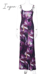 Ingvn - Purple Print Backless Maxi Dress Women Spaghetti Strap Bodycon Long Slipdress Ladies Fashion Sexy Long Dress Clubwear
