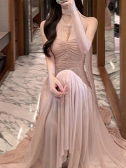 French Spliced Mesh Sexy Sleeveless Pink Midi Dresses for Women Summer New Elegant Wedding Evening Party Female Clothing