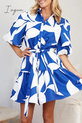 Ingvn - Casual Geometric Print Bandage Turndown Collar A Line Dresses