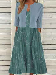 Spring/Summer Chic: Floral Print Two-Piece with V-Neck Crop Top & Comfortable Knit Dress Set, Elegant & Easy Care